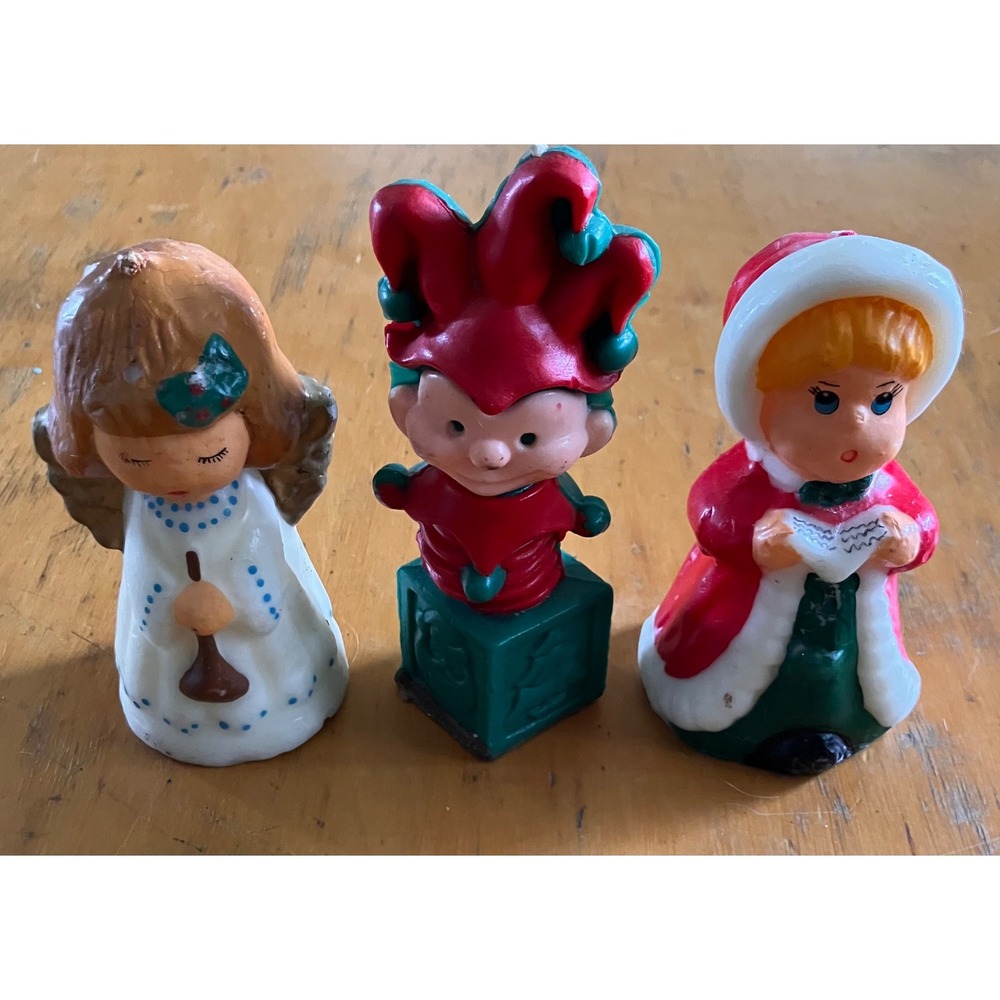 Lot of 3 Christmas Candles Vintage Wax Figurines 3pc Angel Jester Caroler